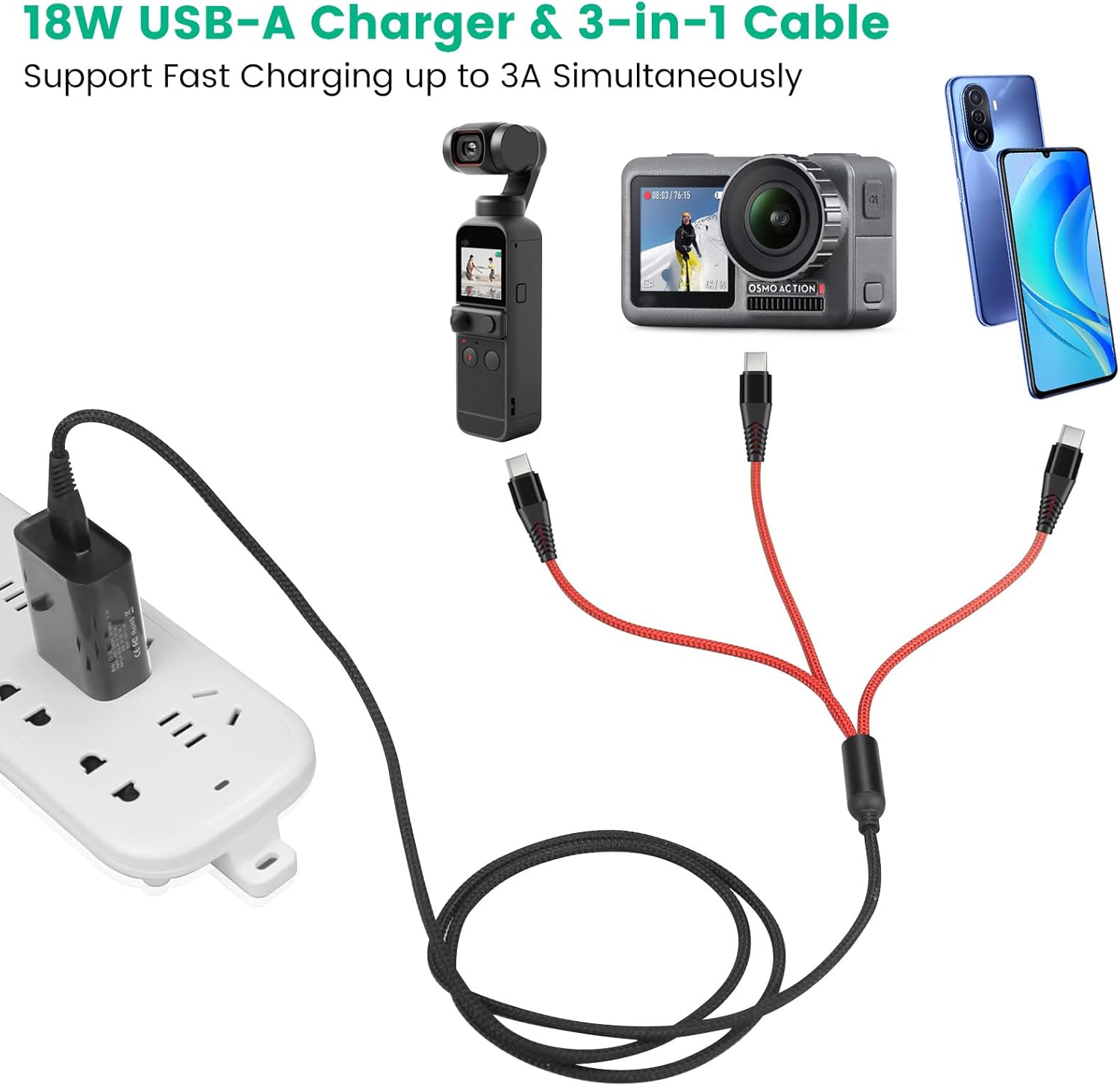 USB C Charger for DJI Osmo Mobile 6 OM 6 5 4 SE/RS 2 3 Mini Stabilizers and Pocket 2 Action Cameras, 3-in-1 Type-C Charging Cable with 18W Fast-Charge Adapter Accessories, 4ft