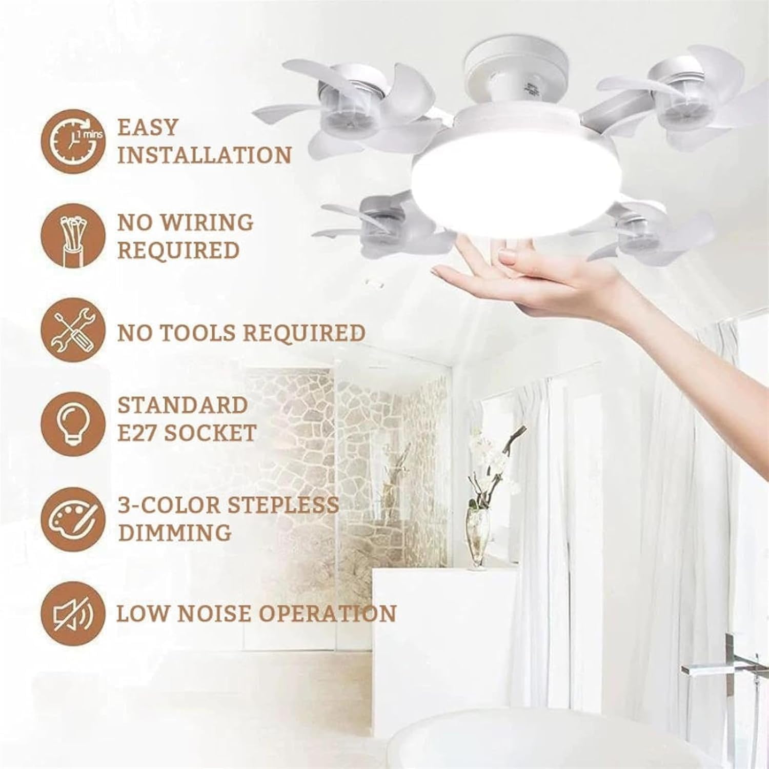 4 Heads 2025 New Drone Socket Fan Light with Remote, 20 Modern Bulb Screw in Ceiling Fan Lights Led, 60W 3 Colors Dimmable for Bedroom Living Room Kitchen
