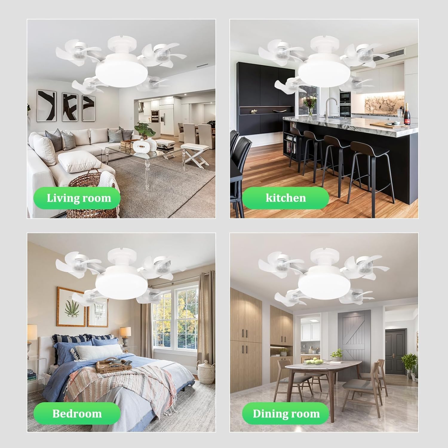 4 Heads 2025 New Drone Socket Fan Light with Remote, 20 Modern Bulb Screw in Ceiling Fan Lights Led, 60W 3 Colors Dimmable for Bedroom Living Room Kitchen