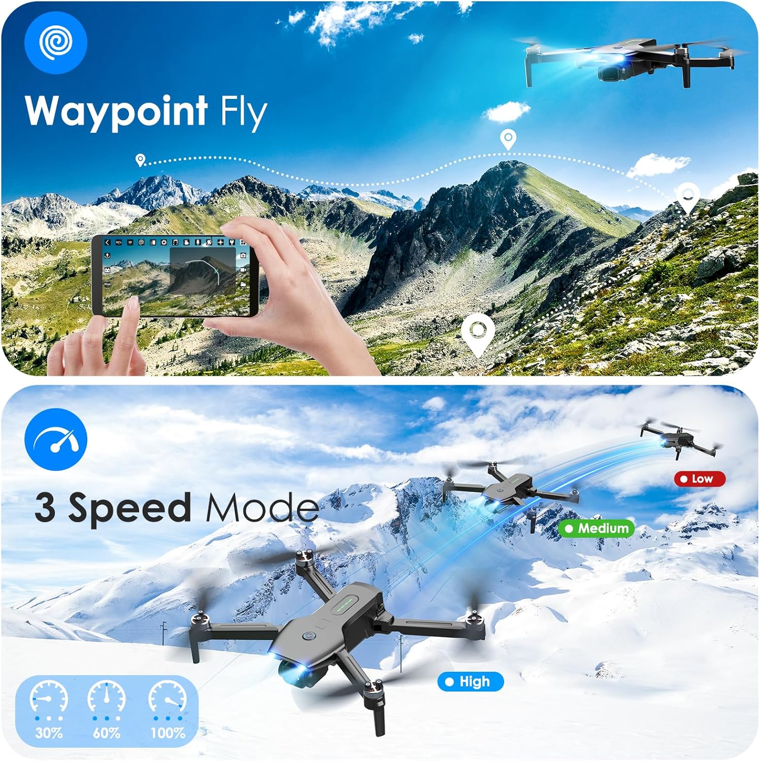 Drone with Camera, Brushless Motor 1080P FPV Drone with 2 Batteries, One Key Take Off/Land, 360 Flips, Waypoint Fly, Altitude Hold, Gravity Control, Foldable Mini Drones for Kids Adults, Beginner