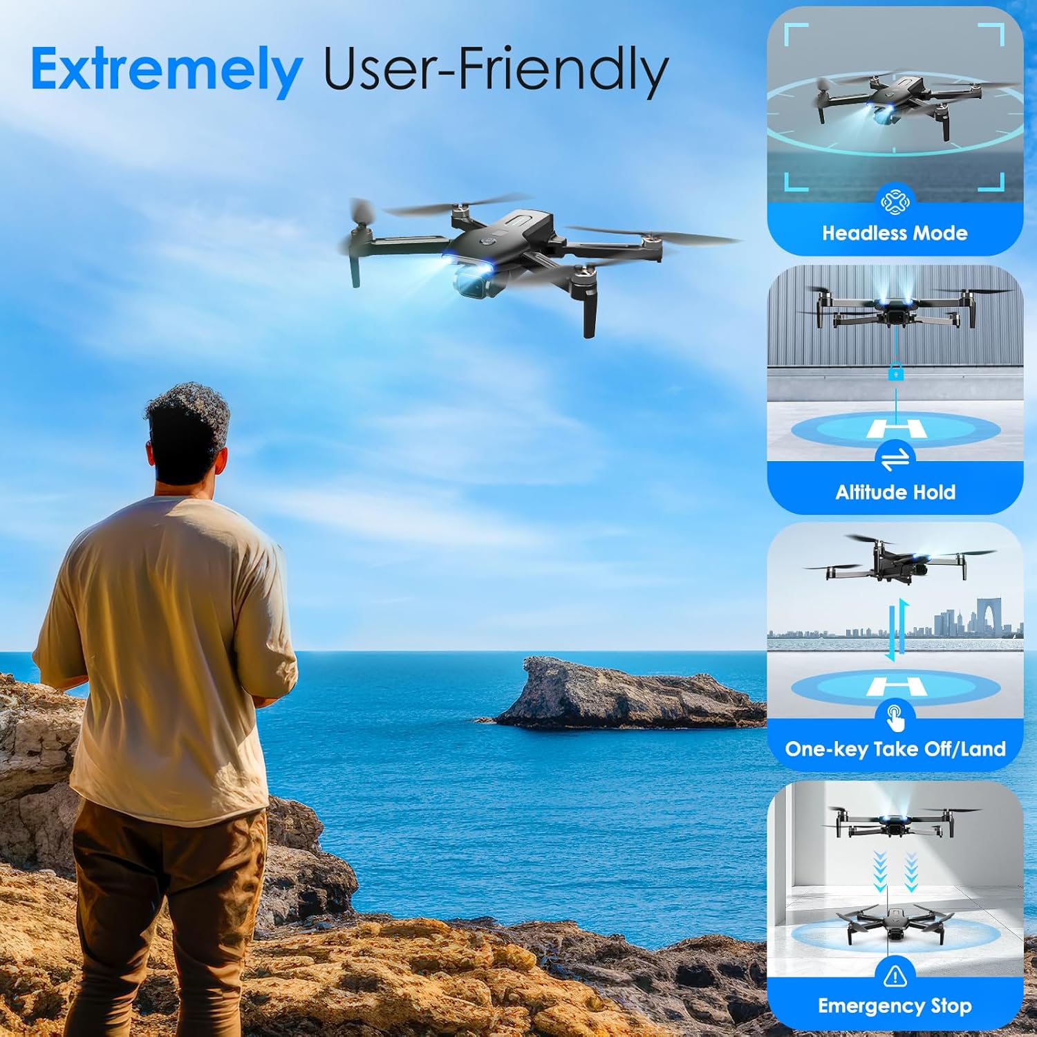 Drone with Camera, Brushless Motor 1080P FPV Drone with 2 Batteries, One Key Take Off/Land, 360 Flips, Waypoint Fly, Altitude Hold, Gravity Control, Foldable Mini Drones for Kids Adults, Beginner