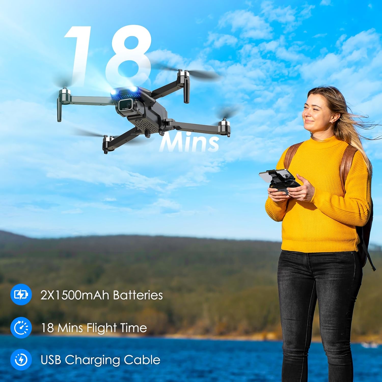 Drone with Camera, Brushless Motor 1080P FPV Drone with 2 Batteries, One Key Take Off/Land, 360 Flips, Waypoint Fly, Altitude Hold, Gravity Control, Foldable Mini Drones for Kids Adults, Beginner