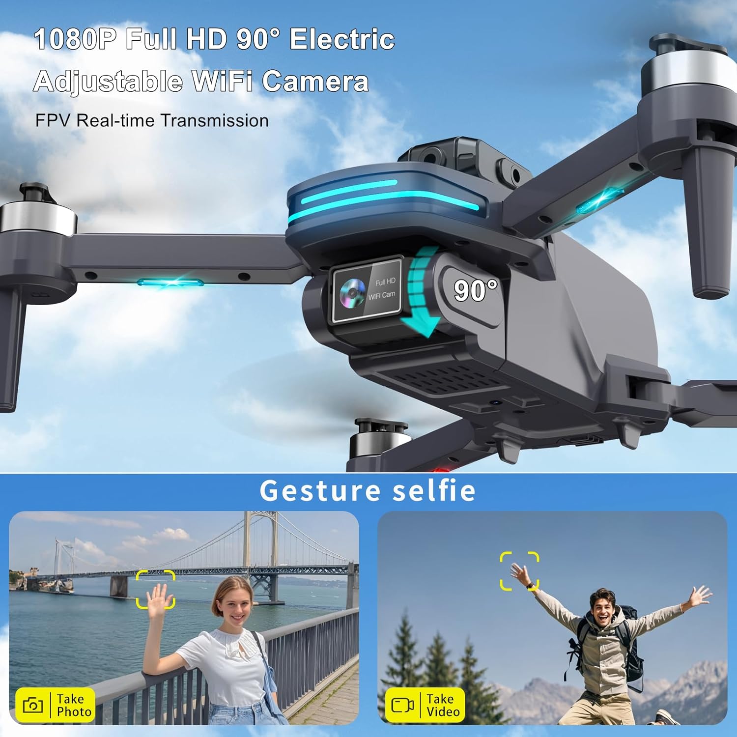 Remote Control FPV Drone with 1080P Camera for Kids and Adults Beginners, Foldable Quadcopter with Carrying Case, Adjustable Len, Gestures Selfie, Brushless Motor, Altitude Hold, 3D Flips, Voice Control, One Key Take Off/ Land, Waypoint Fly, Optical Flow Positioning, RC Toys Gifts for Boys Girls