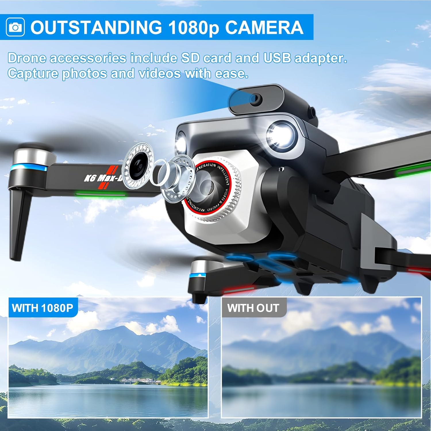 1080P HD Camera Foldable Drone for Beginners with 2 Batteries for 45-Minute Flight Time, WIFI Connection, 3D Flips, One-Key Return, Brushless Motor, Multiple Spare Propellers, Voice Control. Safe and Fun to Fly, Controlled via APP  Remote Controller. An Awesome Gift for Boys