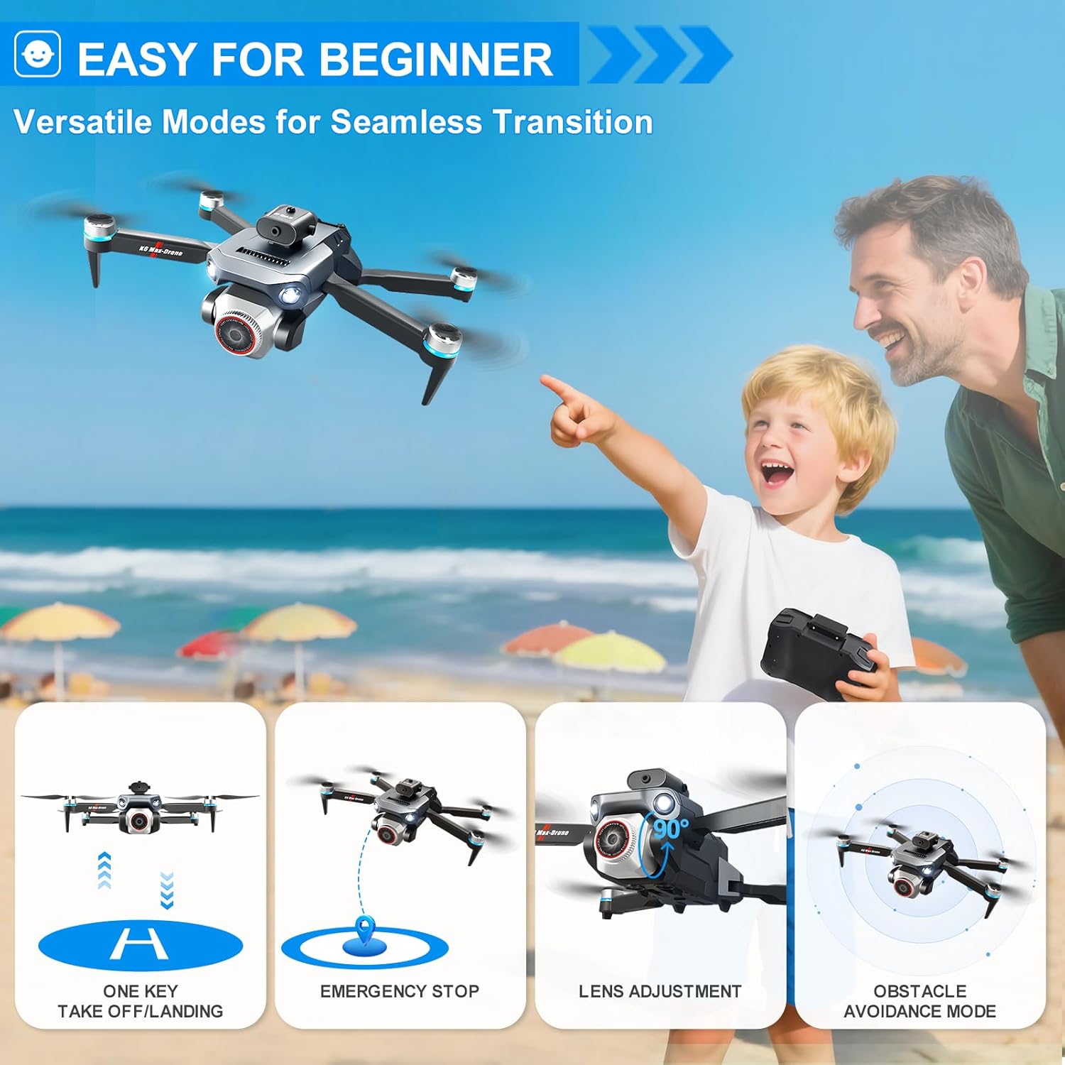 1080P HD Camera Foldable Drone for Beginners with 2 Batteries for 45-Minute Flight Time, WIFI Connection, 3D Flips, One-Key Return, Brushless Motor, Multiple Spare Propellers, Voice Control. Safe and Fun to Fly, Controlled via APP  Remote Controller. An Awesome Gift for Boys