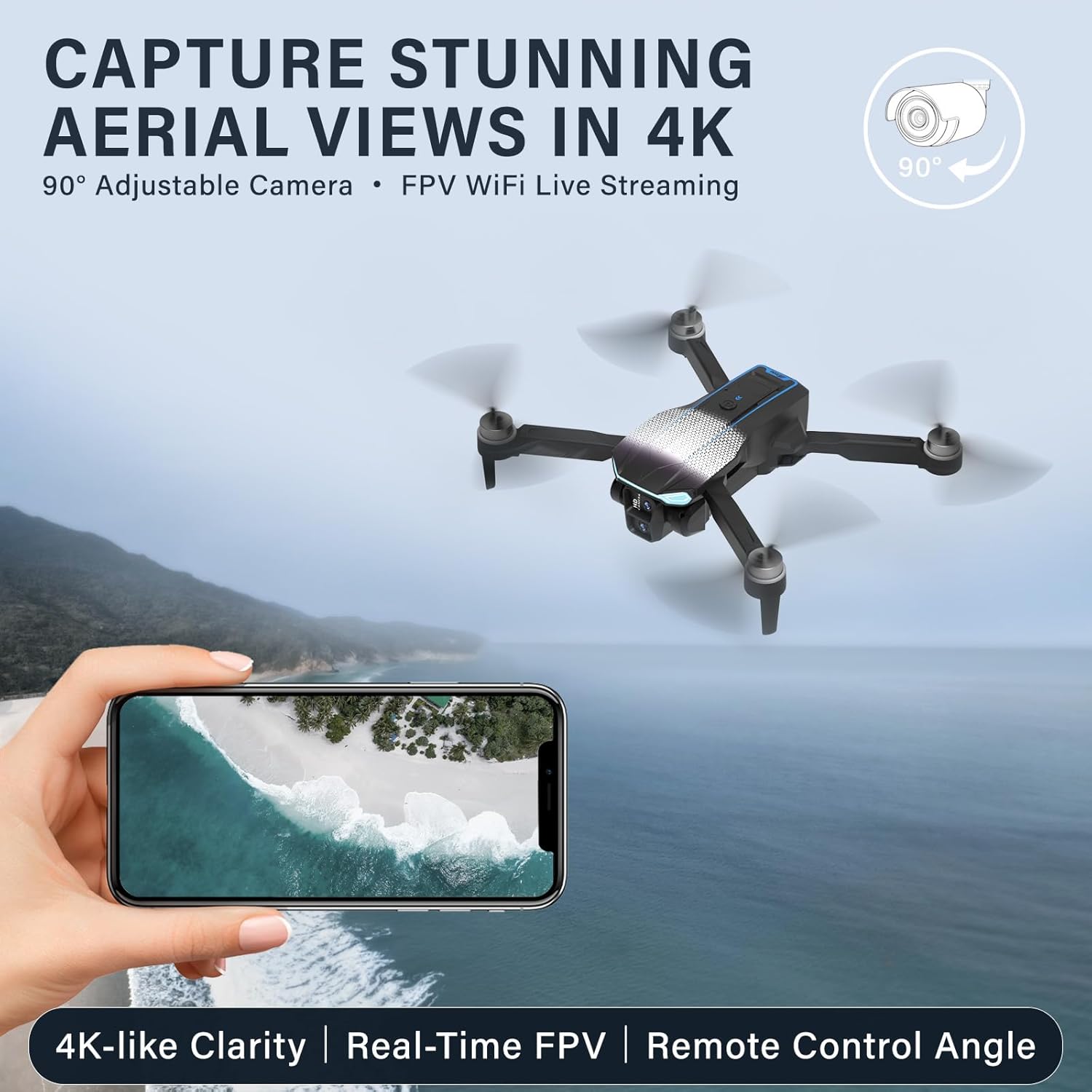 4K Drone with Camera for Adults – Foldable Brushless Motor Drone with 90° Adjustable Lens, Optical Flow Hover, One-Key Takeoff, 3 Batteries, FPV Live Video, Beginner Friendly, Under 249g
