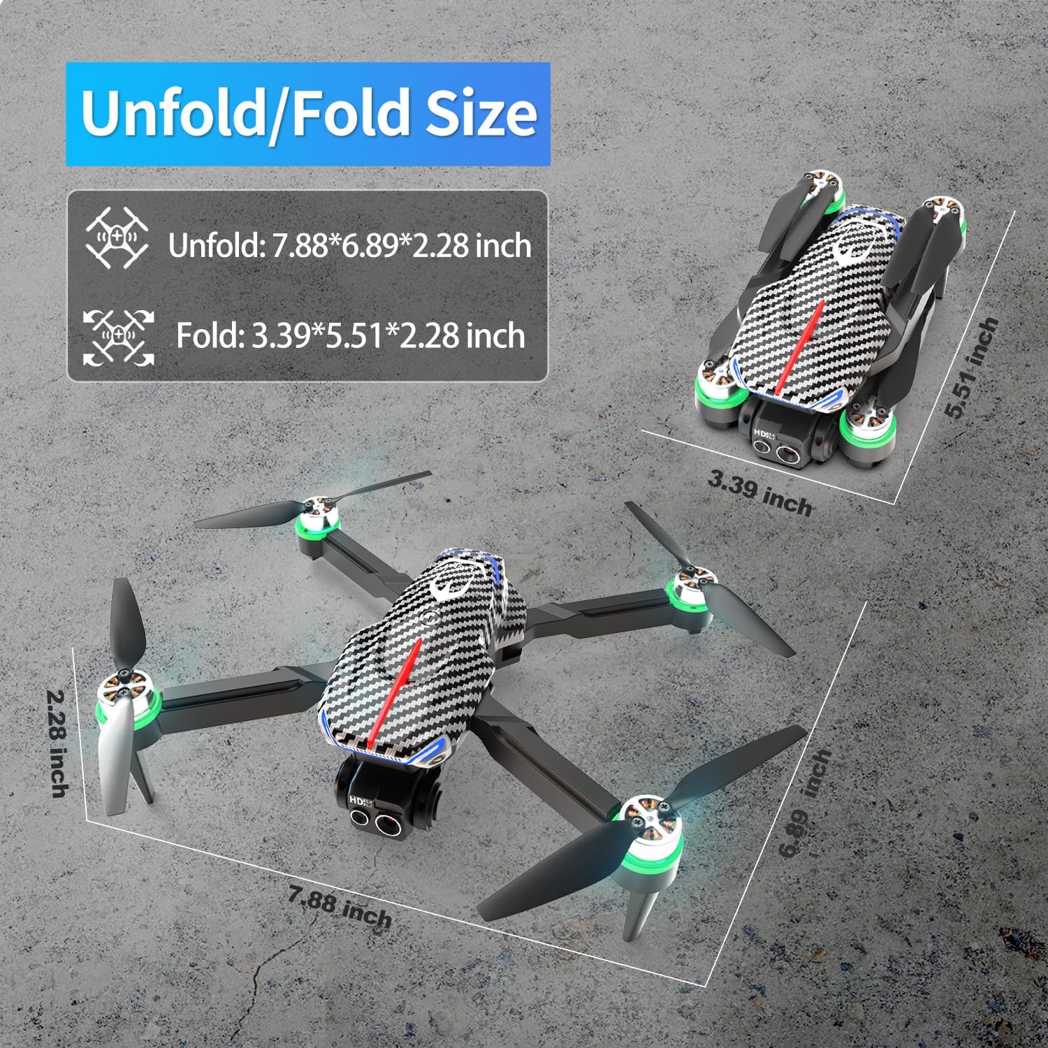 Drone with camera, equipped with HD 4K FPV dual cameras, foldable brushless motor drone, cool colored lights, optical flow positioning, 360° flip, over-distance warning reminder, suitable for adult beginners