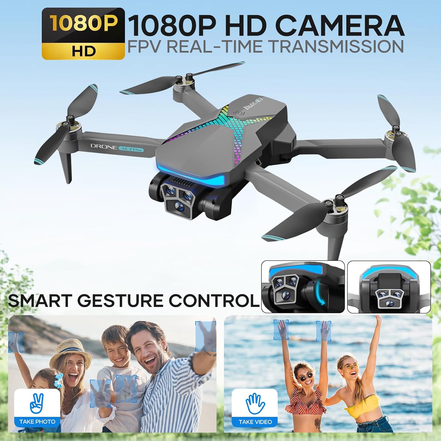 Drone with Camera for Adults, 1080P FPV Drones for kids and Beginners with Brushless Motors, Upgrade Altitude Hold, 90° Adjustable Lens, Gestures Selfie, 60 Mins Fly Time