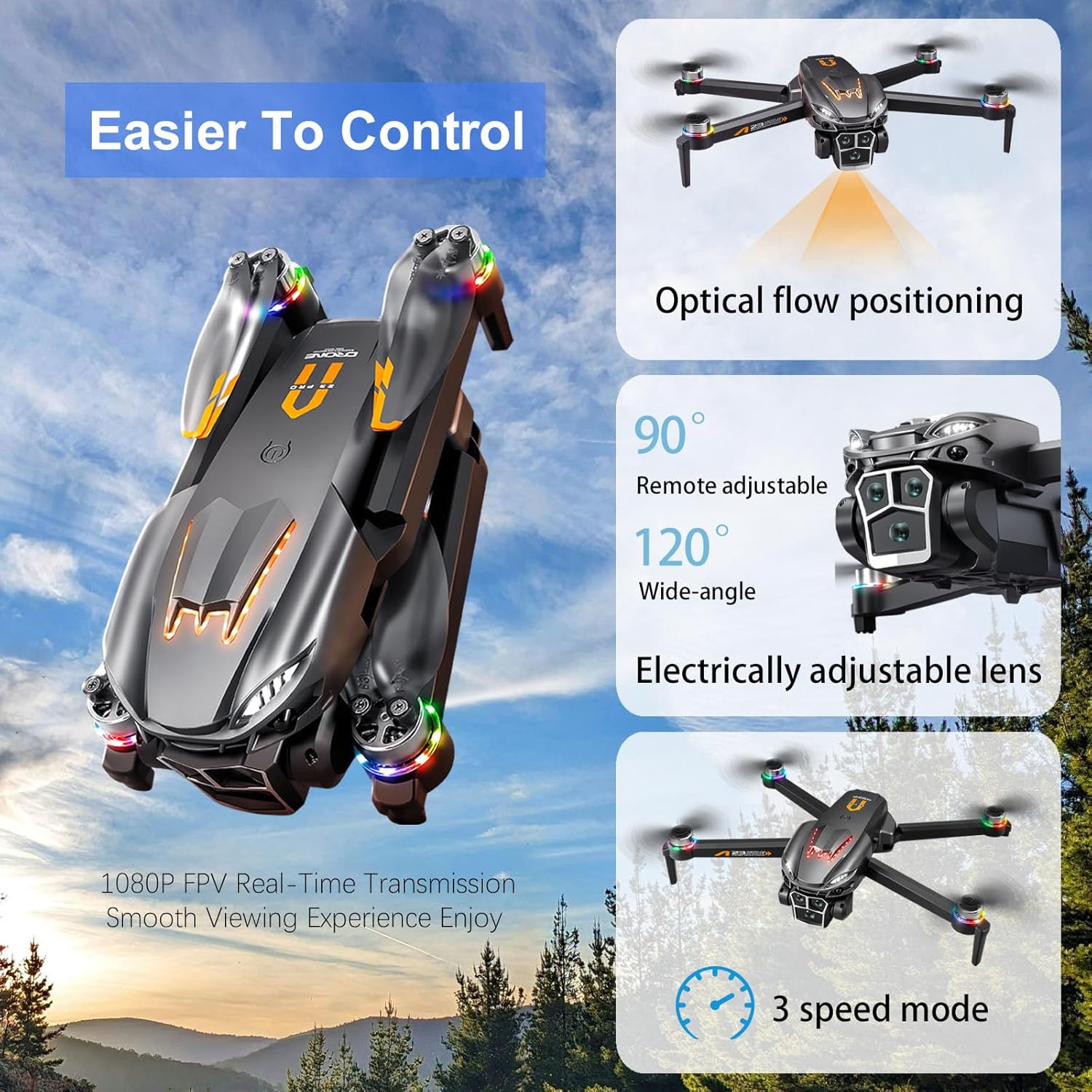 Drones with Camera for Adults 4K,Brushless Drones for Adult,Beginner Drone with Breathing Light,Gestures Selfie,Altitude Hold, One Key Take Off/Land, 360 Flips,Trajectory Flight,2 Batteries,Toys Gifts for Men Boys