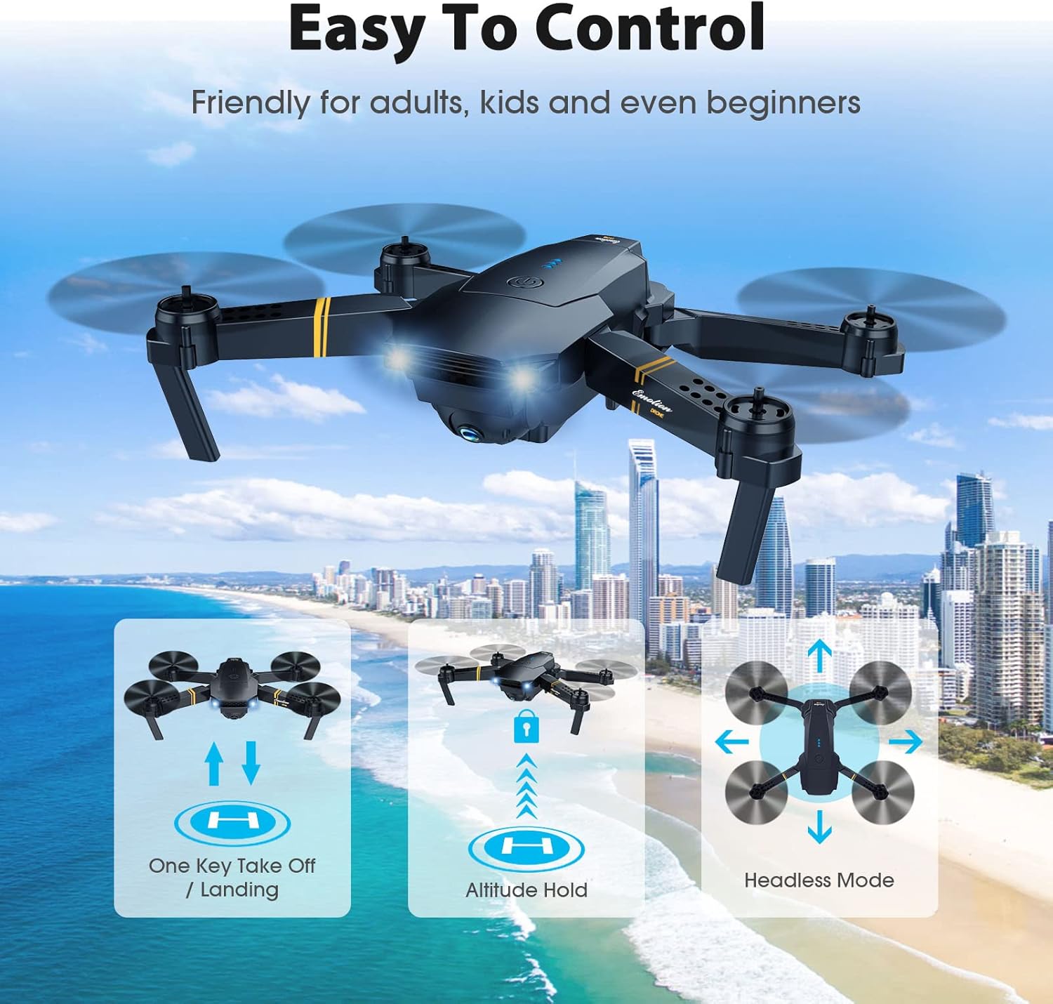 Drones with Camera for Adults, Foldable RC Quadcopter, Helicopter Toys, 1080P FPV Video Drone for Beginners, 2 Batteries, Carrying Case, One Key Start, Altitude Hold,Headless Mode,3D Flips