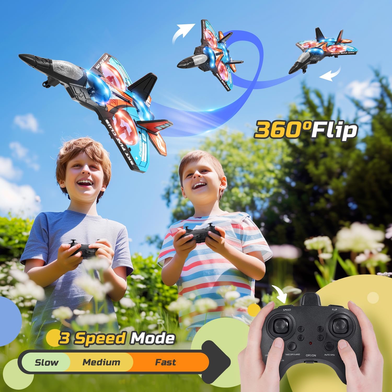 Foam Drone RC Airplane for Kids and Beginners, Remote Control Plane Fighter Jet Helicopter with Light, Auto Hovering, 360° Flip and 2 Batteries (18Mins)
