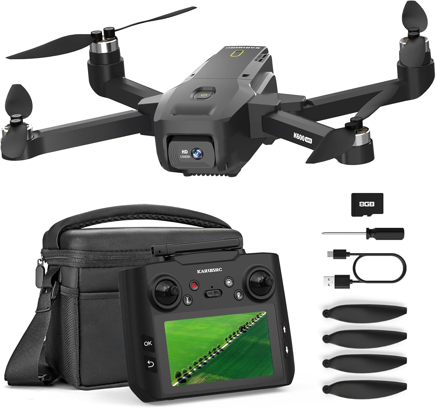 K600GPS Drone with Camera, 4.5inch LCD RC Screen, 32G SD Card, GPS Auto Return, Gesture Flight, Brushless Motor, Optical Flow, Modular Battery, 3 Speeds for Adults/Beginners