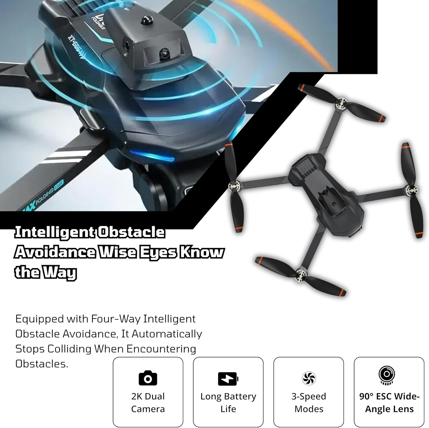 Max K12 Professional Drone Black, Obstacle Avoidance System, Long Battery Life 2K Dual Camera Drone for Adults  Beginners Brushless Motor, 90° ESC Wide-Angle Lens, FPV Quadcopter with 3-Speed Modes, Foldable RC with 2 Batteries