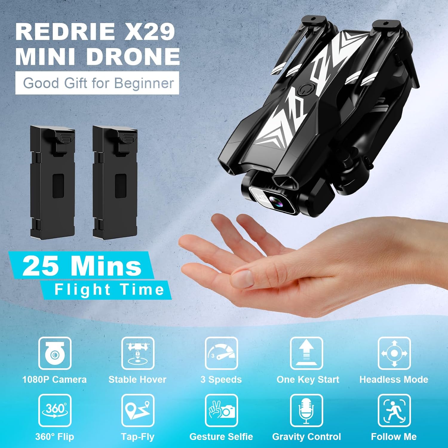 Mini Drone with Camera for Beginners Adults-1080P FPV Camera Foldable Drone with Stable Altitude Hold, Gestures Selfie, Waypoint Fly, Headless Mode, Auto-Follow, 3D Flip, One Key Start, 3 Speeds, 2 Batteries