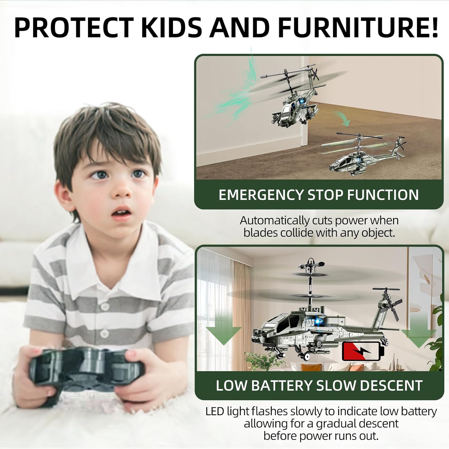 Remote Control Military Flying Helicopter Toy, 2.4GHz, 3.5 Channels Helicopter with Gyro  LED Light, Altitude Hold, RC Helicopters for Kids Adults Beginner (Green)