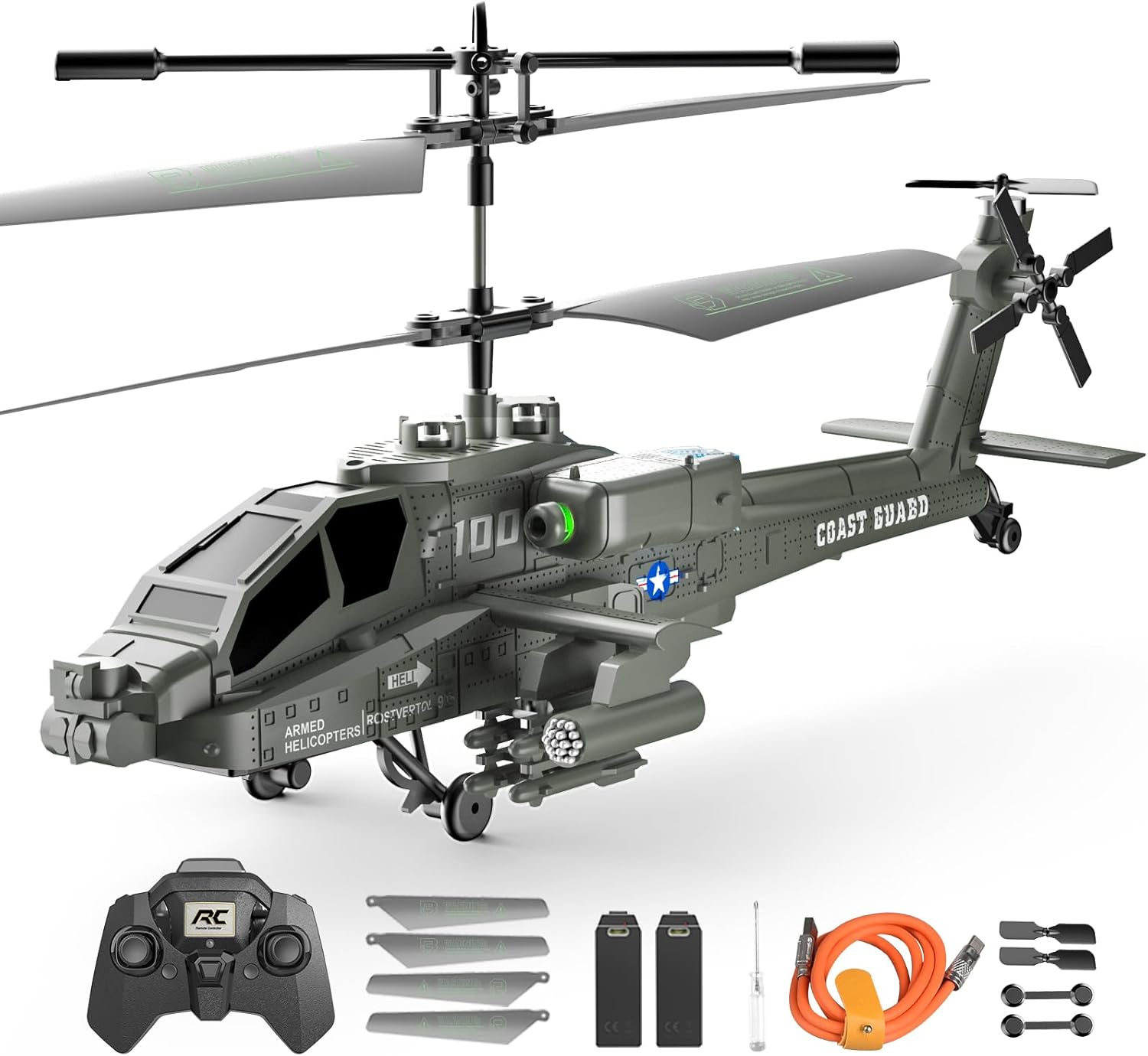 Remote Control Military Flying Helicopter Toy, 2.4GHz, 3.5 Channels Helicopter with Gyro  LED Light, Altitude Hold, RC Helicopters for Kids Adults Beginner (Green)