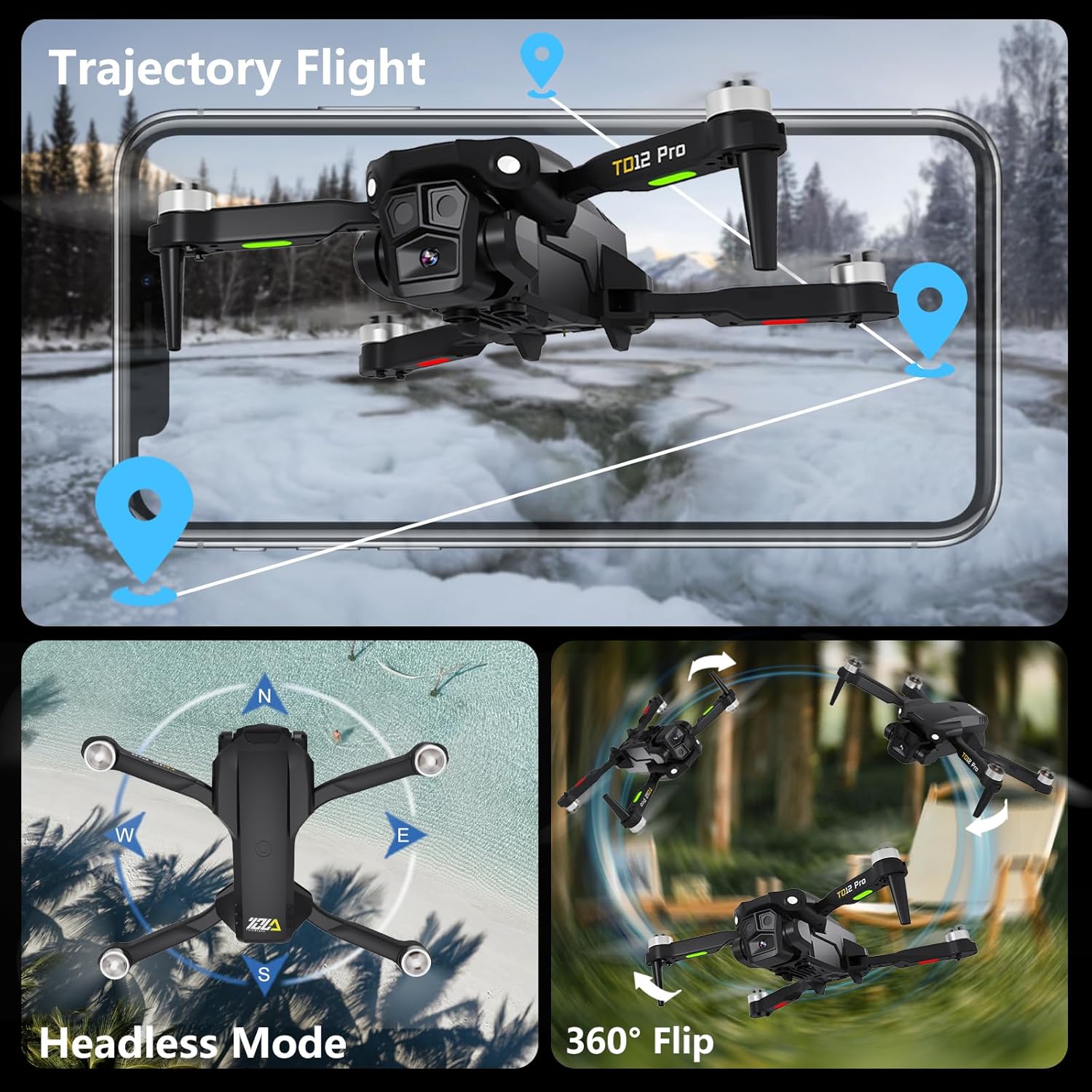 TD12Pro Foldable Drone with Camera 4K HD for Adults, Brushless Motor RC Drone with 90° Adjustable Lens, Level 3 Wind Resistance, Optical Flow Positioning, Beginner-Friendly Features