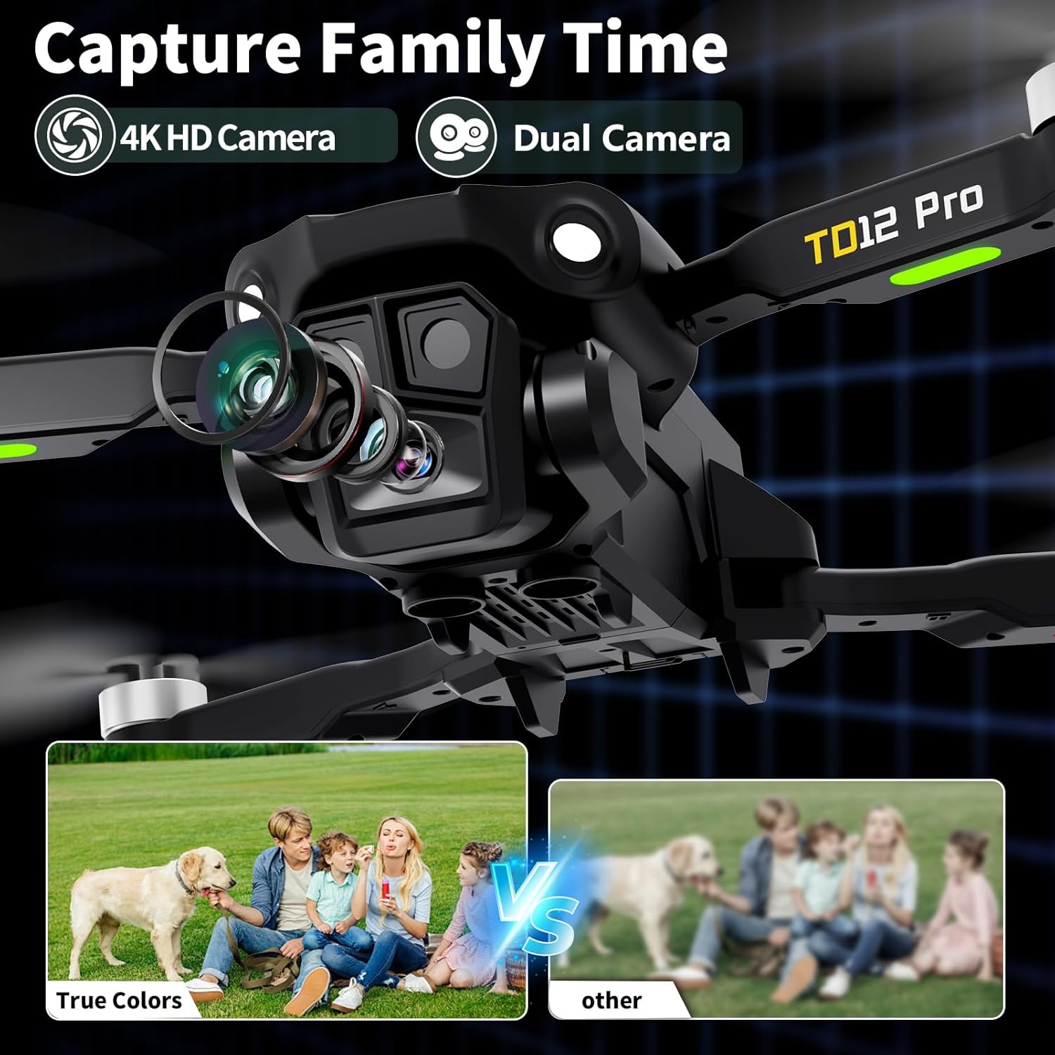 TD12Pro Foldable Drone with Camera 4K HD for Adults, Brushless Motor RC Drone with 90° Adjustable Lens, Level 3 Wind Resistance, Optical Flow Positioning, Beginner-Friendly Features
