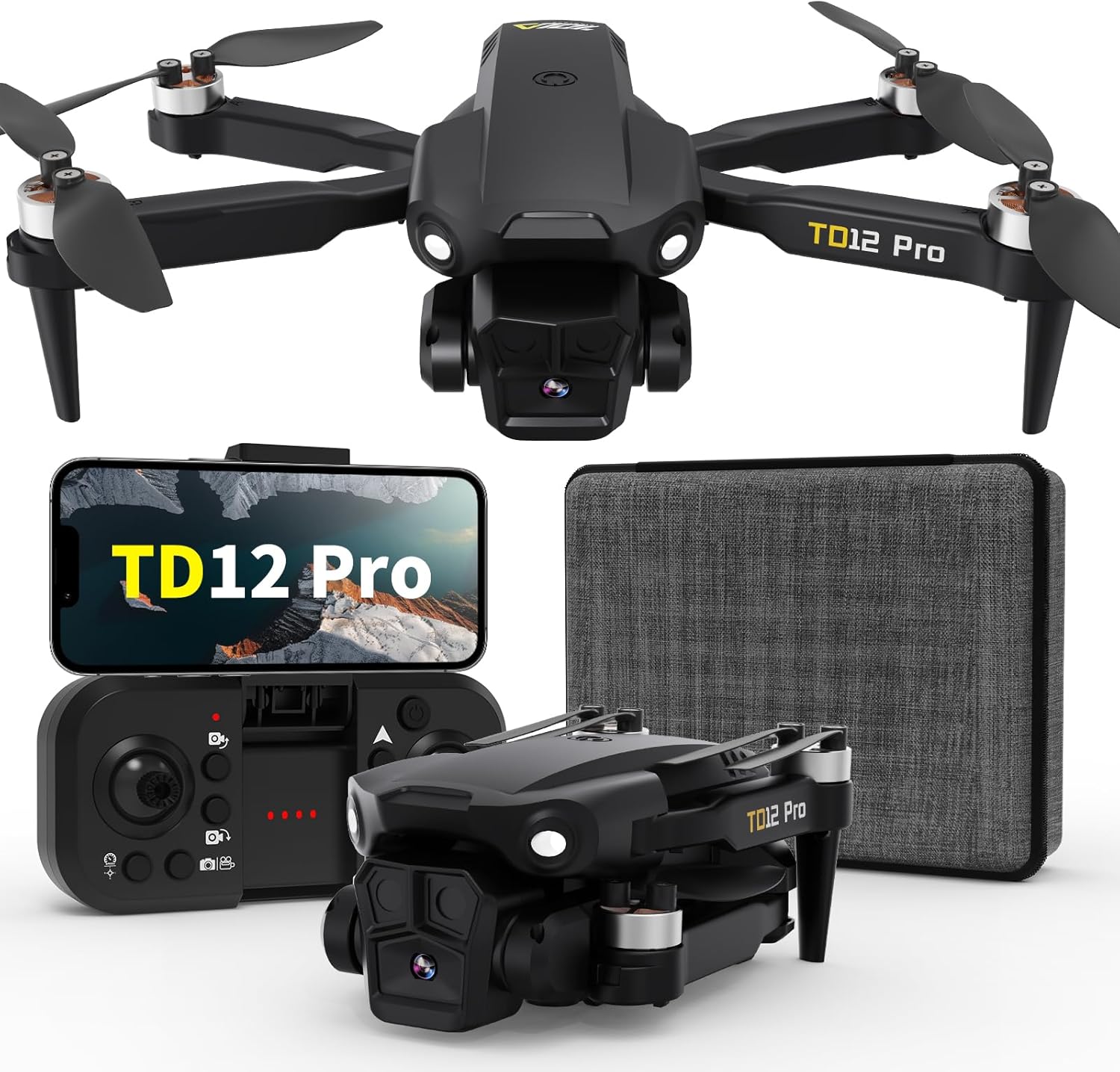 TD12Pro Foldable Drone with Camera 4K HD for Adults, Brushless Motor RC Drone with 90° Adjustable Lens, Level 3 Wind Resistance, Optical Flow Positioning, Beginner-Friendly Features