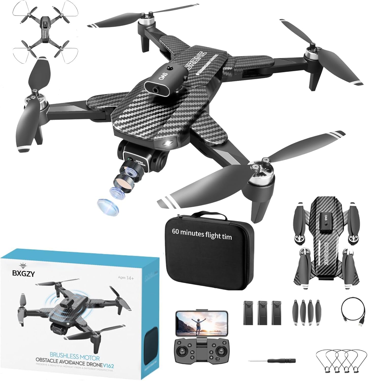 1080P HD FPV Foldable Drones with Brushless Motors, Wi-Fi RC Quadcopters featuring Height Adjustment, Six-axis Gyroscope, Gesture-controlled Photography, Video Recording, Headless Mode, Emergency Stop, Trajectory Flight, Gravity Sensing, and Automatic Photography, designed for Beginners and Kids (Flight Time: 60 minutes)
