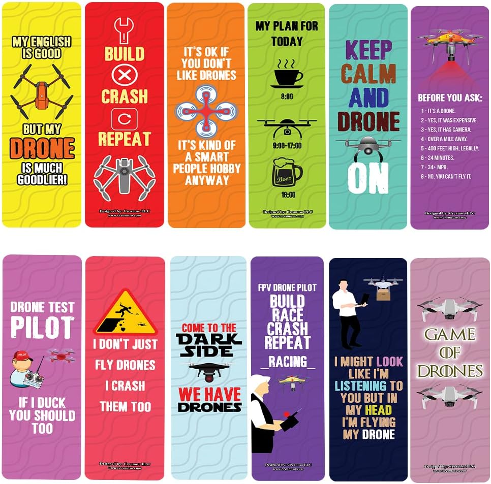 Creanoso Funny Drone Hobby Bookmarks (10-Sets X 6 Cards) – Daily Inspirational Card Set – Interesting Book Page Clippers – Great Gifts for Adults and Professionals