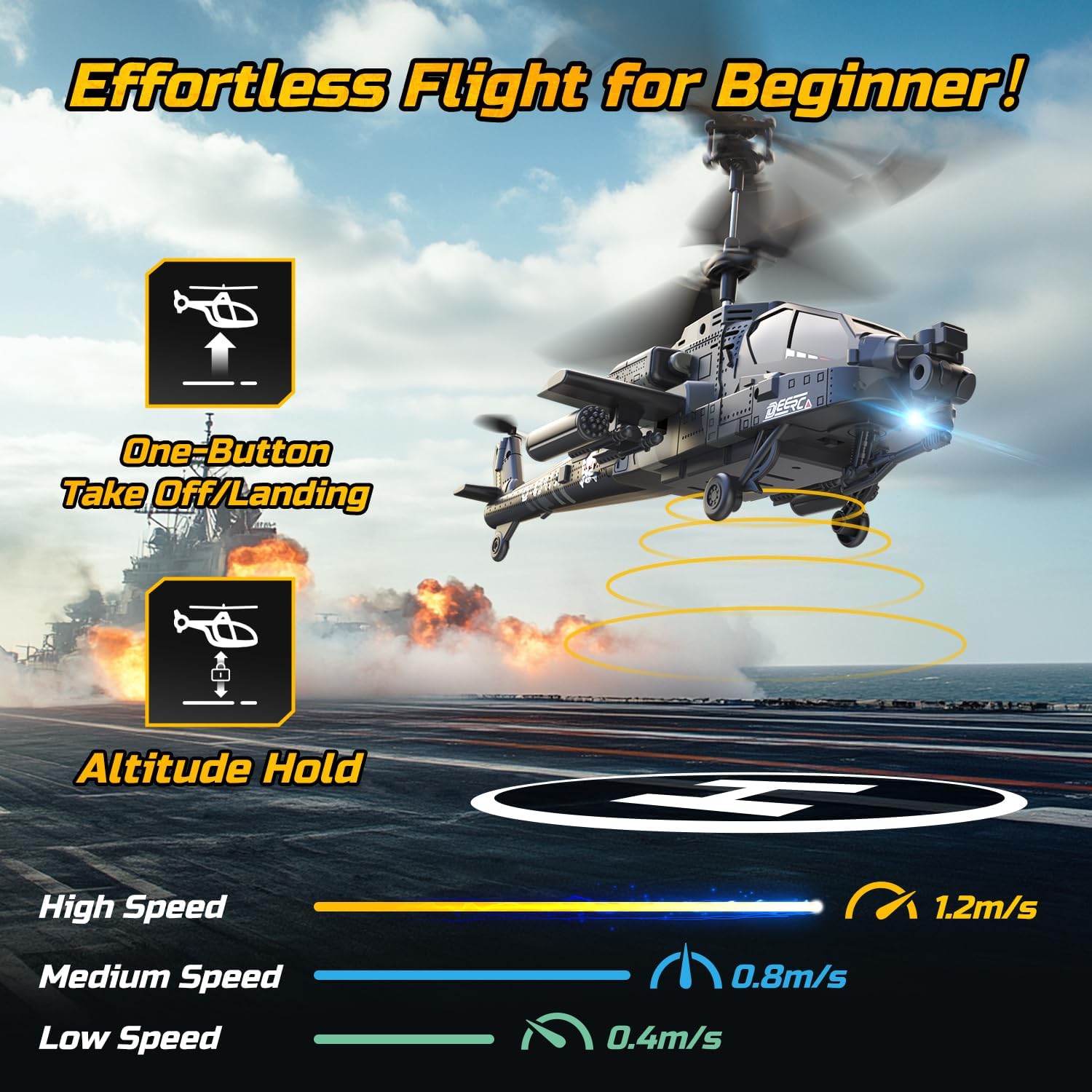 DEERC Apache RC Helicopter for Kids  Adults, Military Remote Control Helicopter Toy with LED Lights, 2 Batteries  USB-C Charging, 26 Mins Flight, Altitude Hold, Gift for Boys Ages 8-12