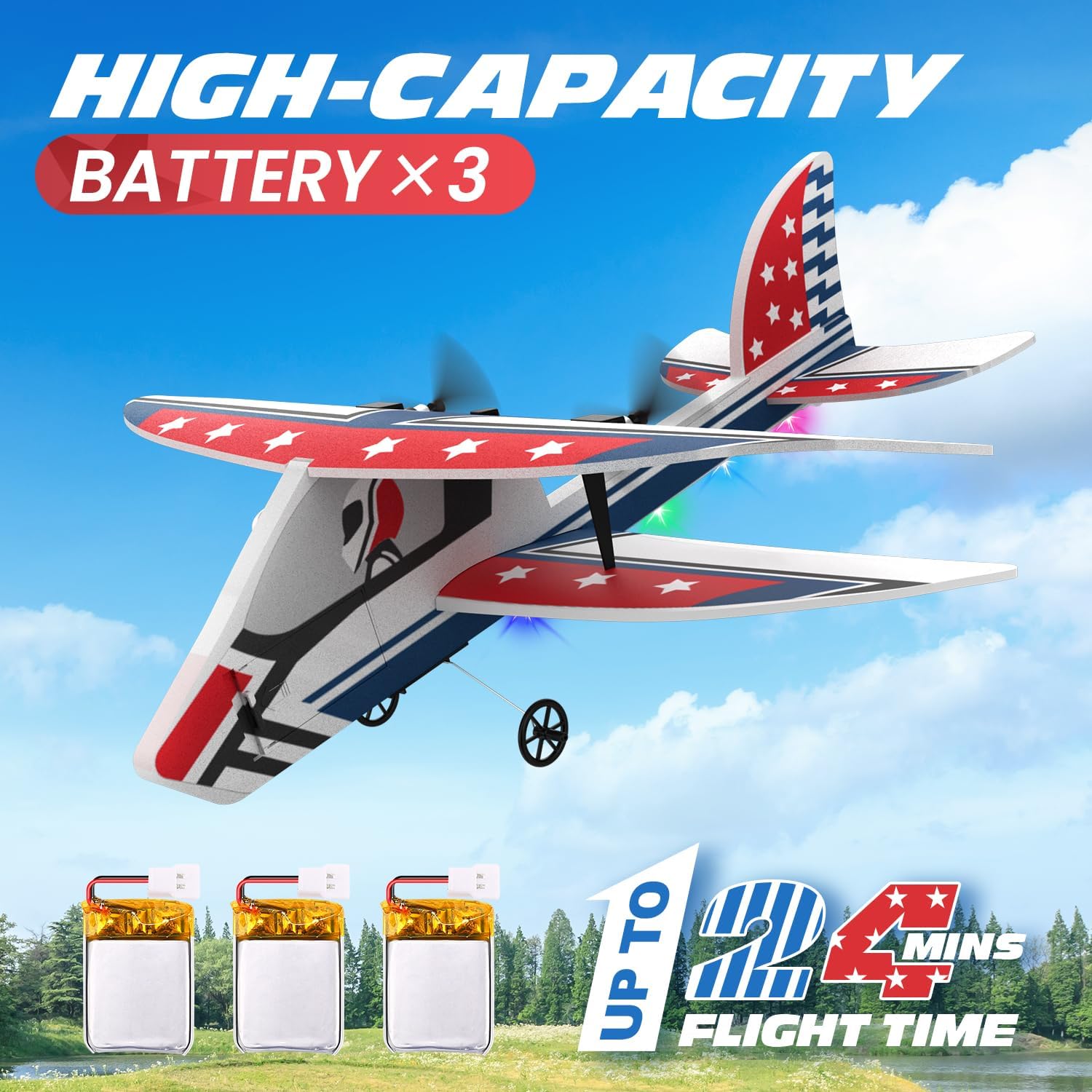 DEERC RC Plane, 2.4GHZ Remote Control Airplane W/ 3 Batteries  6-axis Gyro Stabilizer, 2CH RTF RC Glider Toy for Beginners Kids Boys Girls Adults