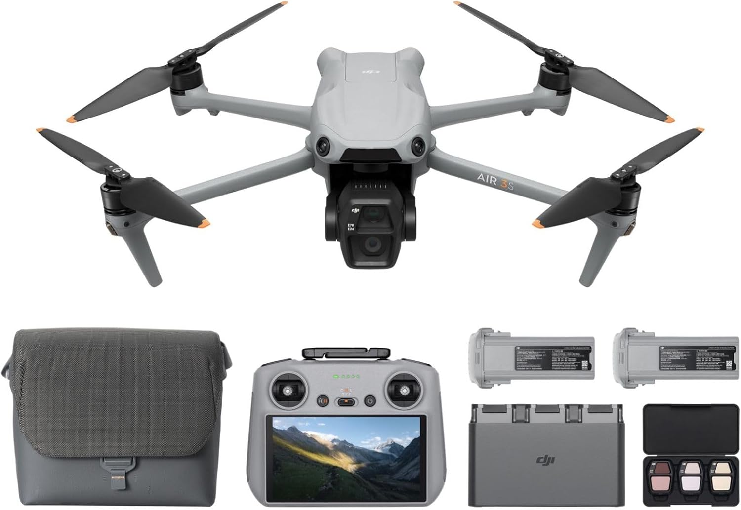 DJI Air 3S Fly More Combo (RC 2 Screen Remote Controller), Drone with 1 CMOS Wide-Angle  Medium Tele Camera for Adults, 4K/60fps, Omnidirectional Sensing  3 Batteries for Extended Flight Time