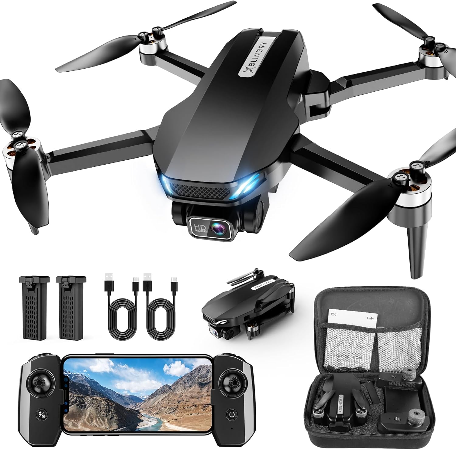 Drone with Camera, 2K HD FPV Drone with Brushless Motor, Altitude Hold, Gesture Selfie, 3D Flips, Waypoint Fly, One Key Take Off/Landing, Foldable Mini Drones for Adults and Beginners