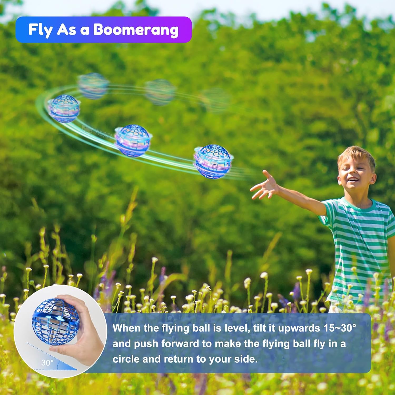 Flying Ball Toys, Upgraded Rechargeable Hand Controlled Spinner 360°Rotating Built-in LED Mini Orb Drone Flying Boomerang Balls Gifts Choice for Boys Kids Adults Indoor Outdoor (Pink)