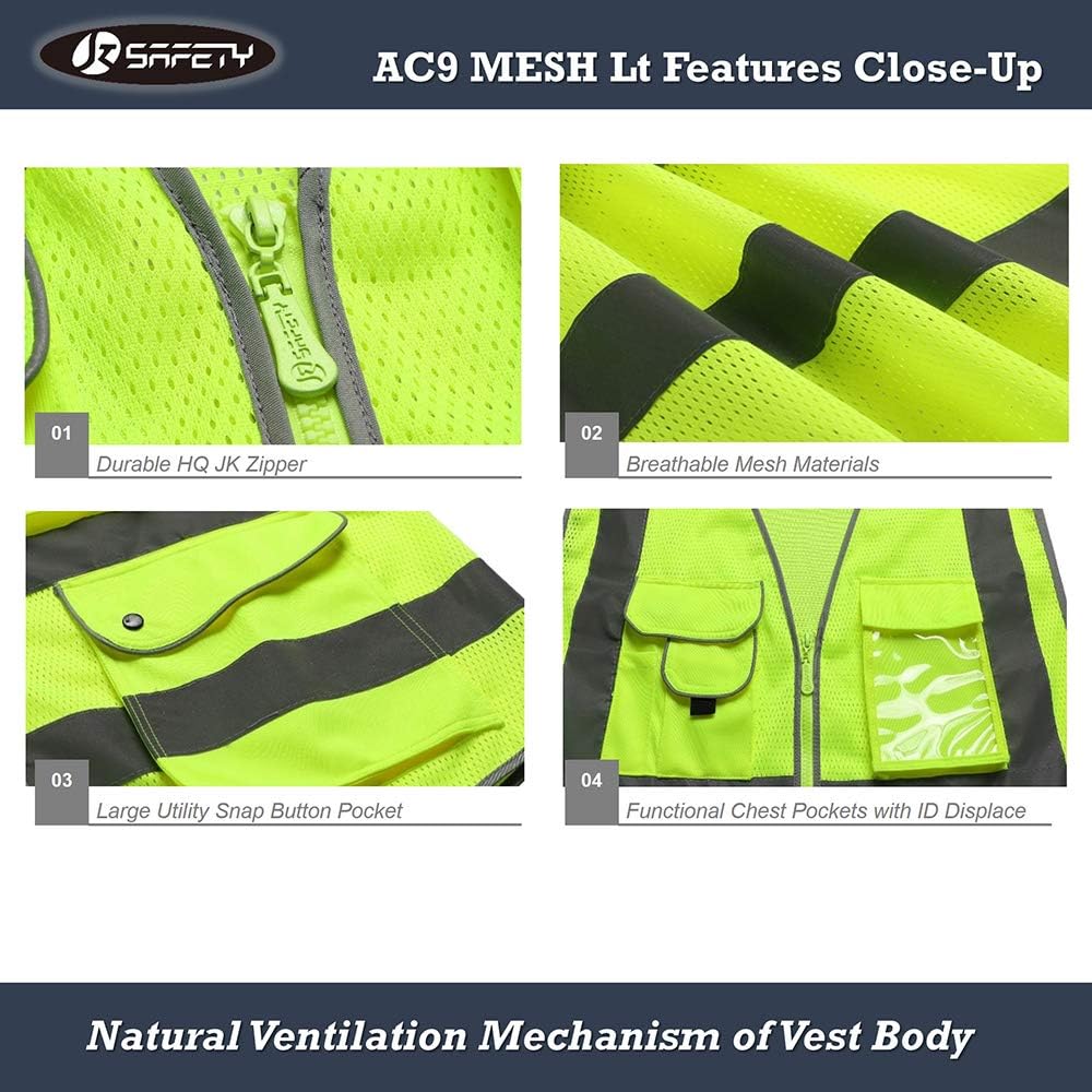 JKSafety 9 Pockets FAA Licenced Drone Pilot Hi-Vis Retro-Reflective Safety Vest | HQ Mesh Lite Neon Yellow Body Color Orange Trimming | ANSI/ISEA Compliance (JK100-FAA-Yellow-XL)