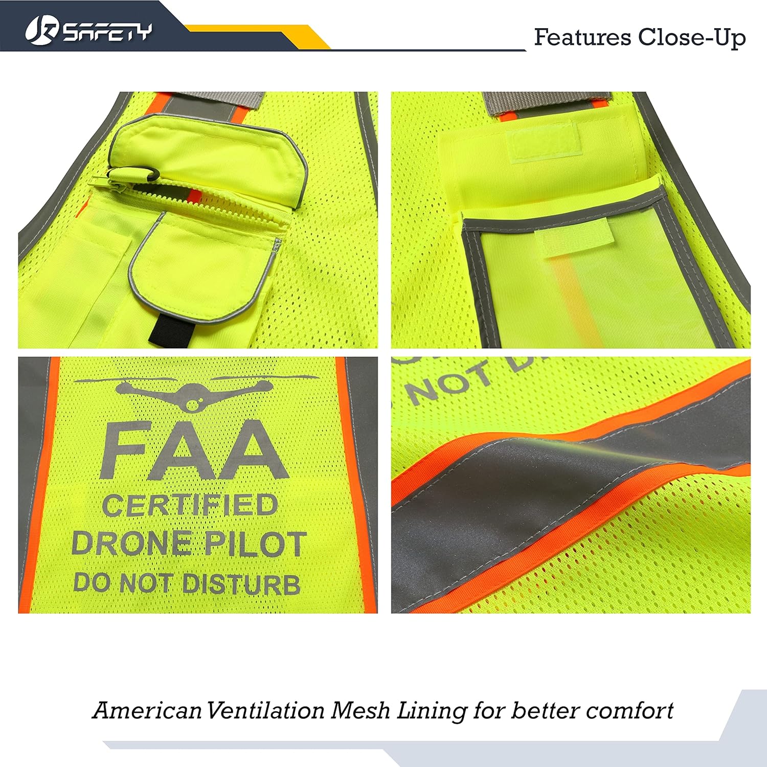 JKSafety 9 Pockets FAA Licenced Drone Pilot Hi-Vis Retro-Reflective Safety Vest | HQ Mesh Lite Neon Yellow Body Color Orange Trimming | ANSI/ISEA Compliance (JK100-FAA-Yellow-XL)